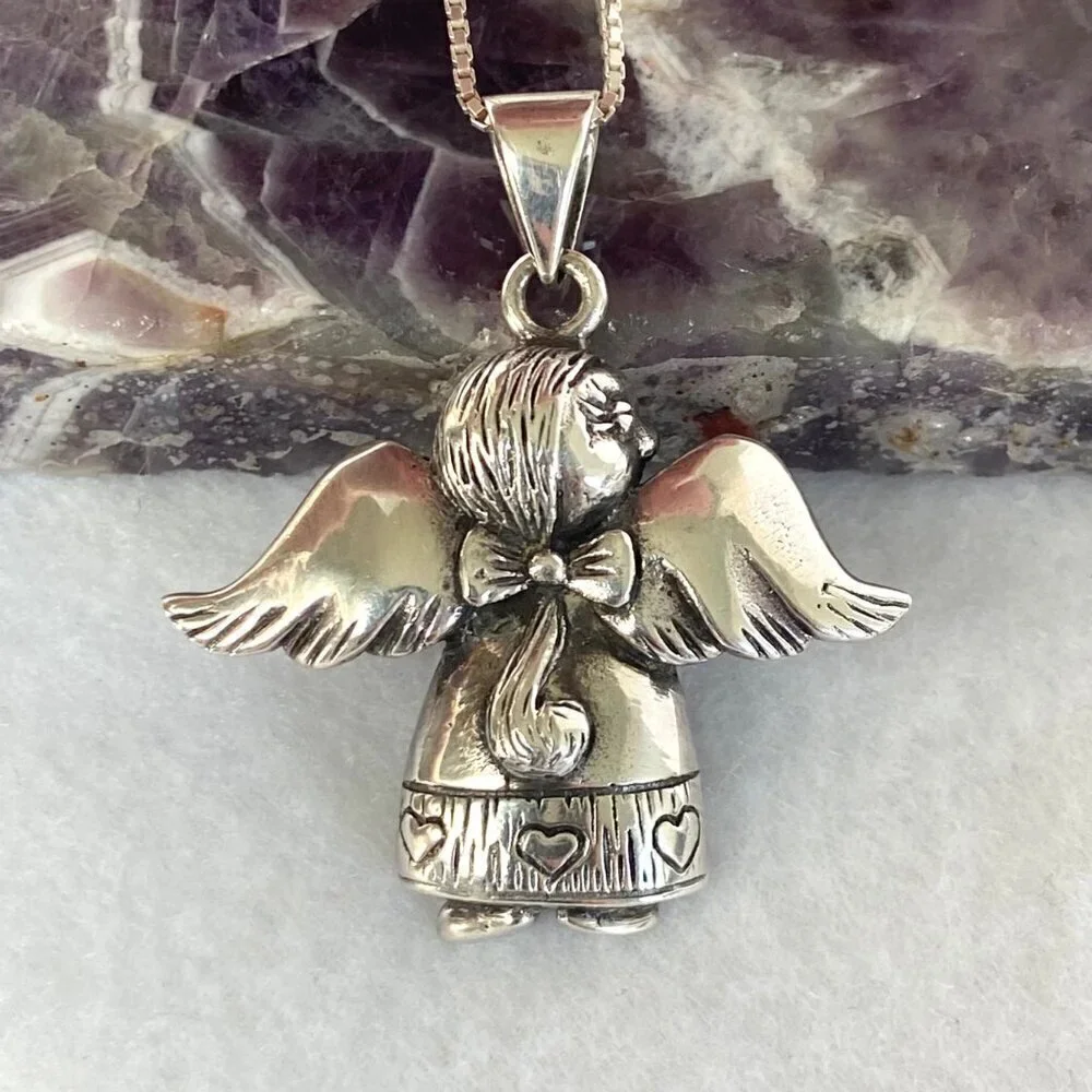 Solid Sterling Silver 925 Religious Figural Angel Wings Chunky Pendant Necklace